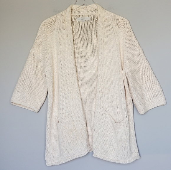 Ann Taylor Loft Chunky Knit Open Front Pocket Cardigan Sweater Cream Size Medium - Picture 1 of 8